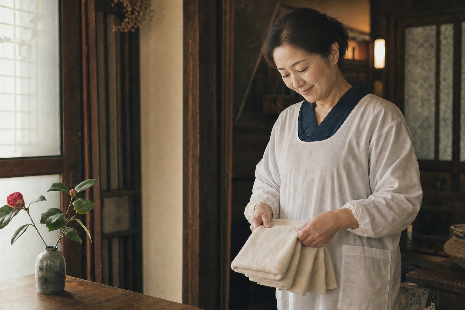 昔ながらの家でタオルを畳む、素朴でやさしいあまざけのセラピスト